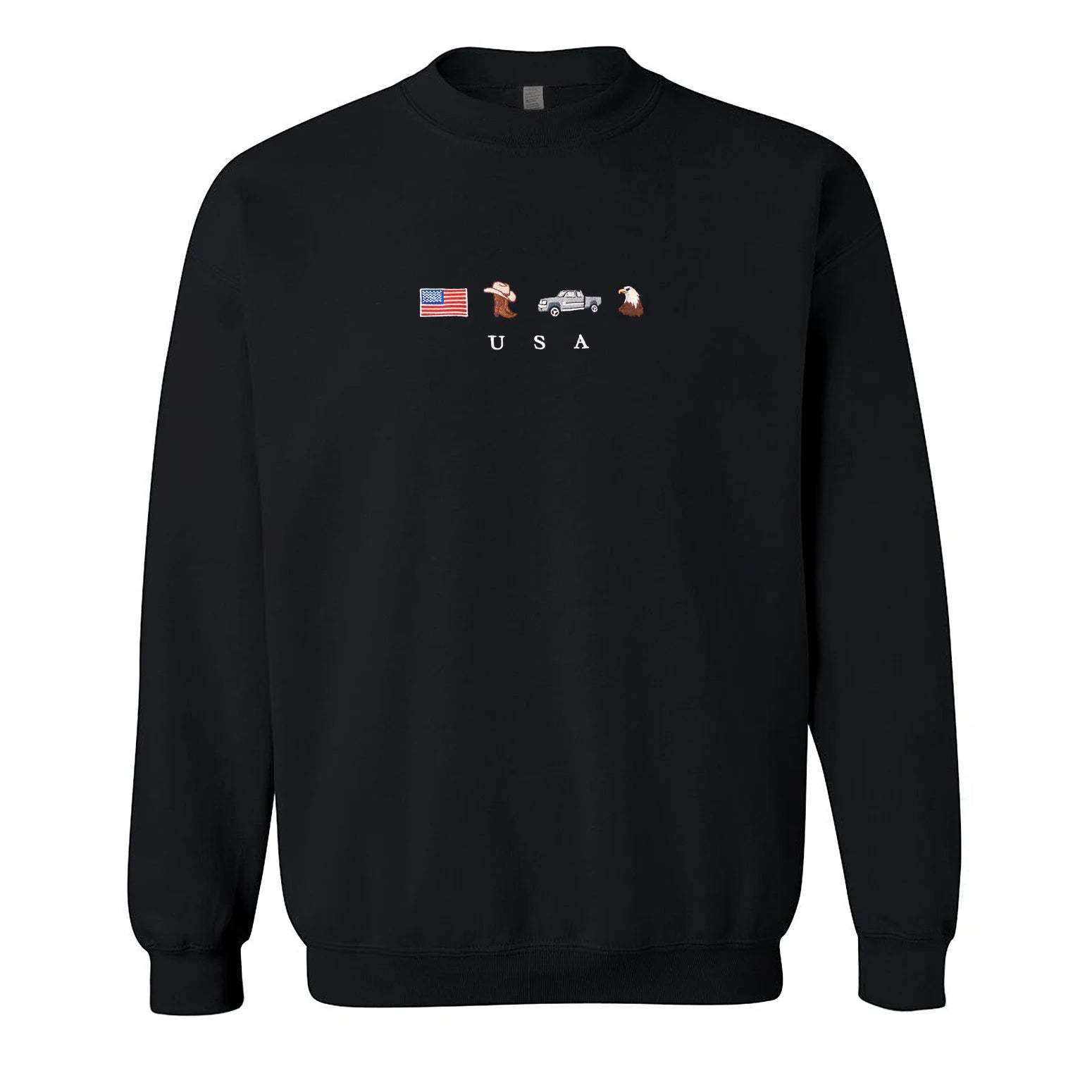 USA Embroidered Sweatshirt, United States, America, Crewneck, Flag, Cowboy Boots, Cowboy Hat, Cowgirl, Truck, Jeep, Eagle, Patriot, July 4th-ilovevango