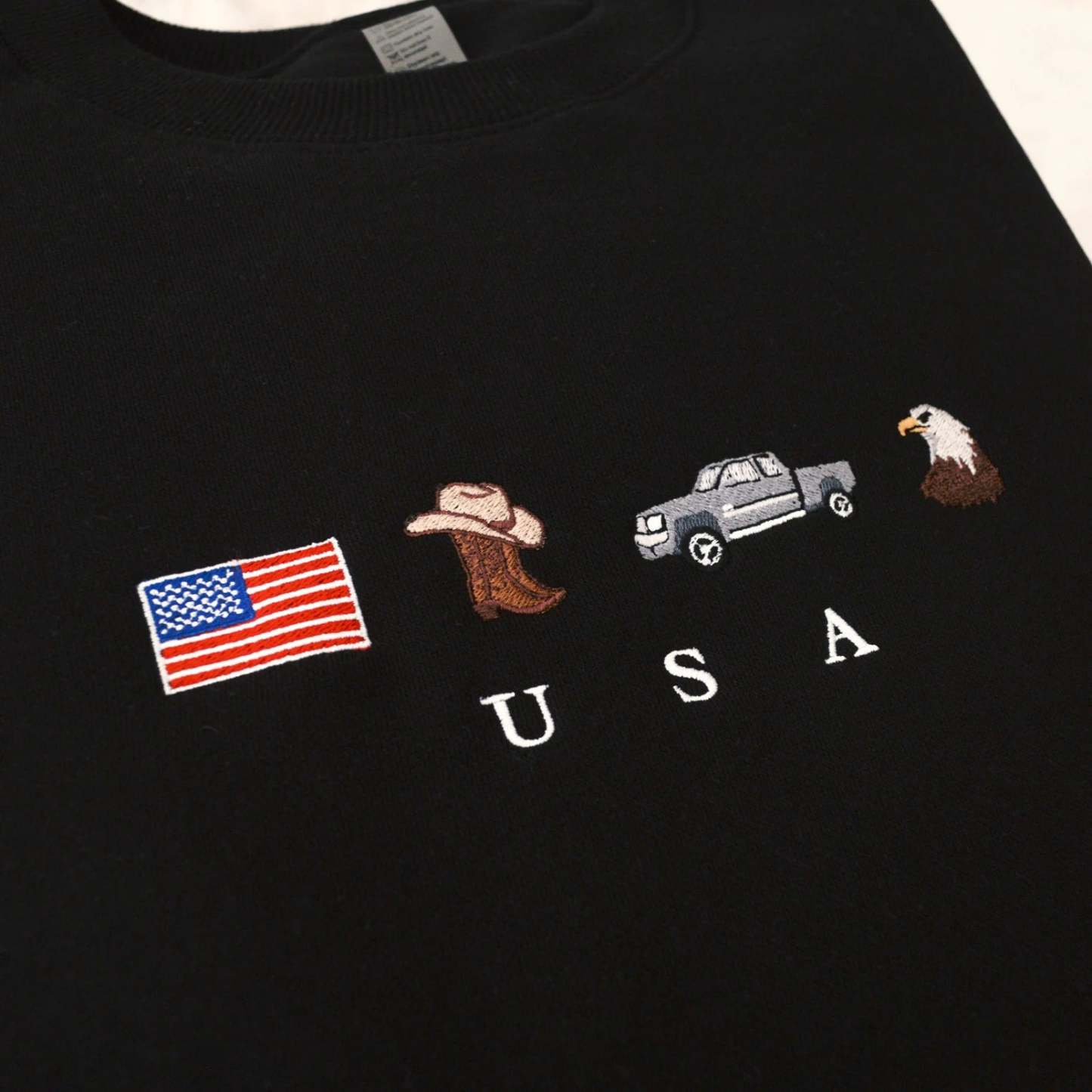 USA Embroidered Sweatshirt, United States, America, Crewneck, Flag, Cowboy Boots, Cowboy Hat, Cowgirl, Truck, Jeep, Eagle, Patriot, July 4th-ilovevango