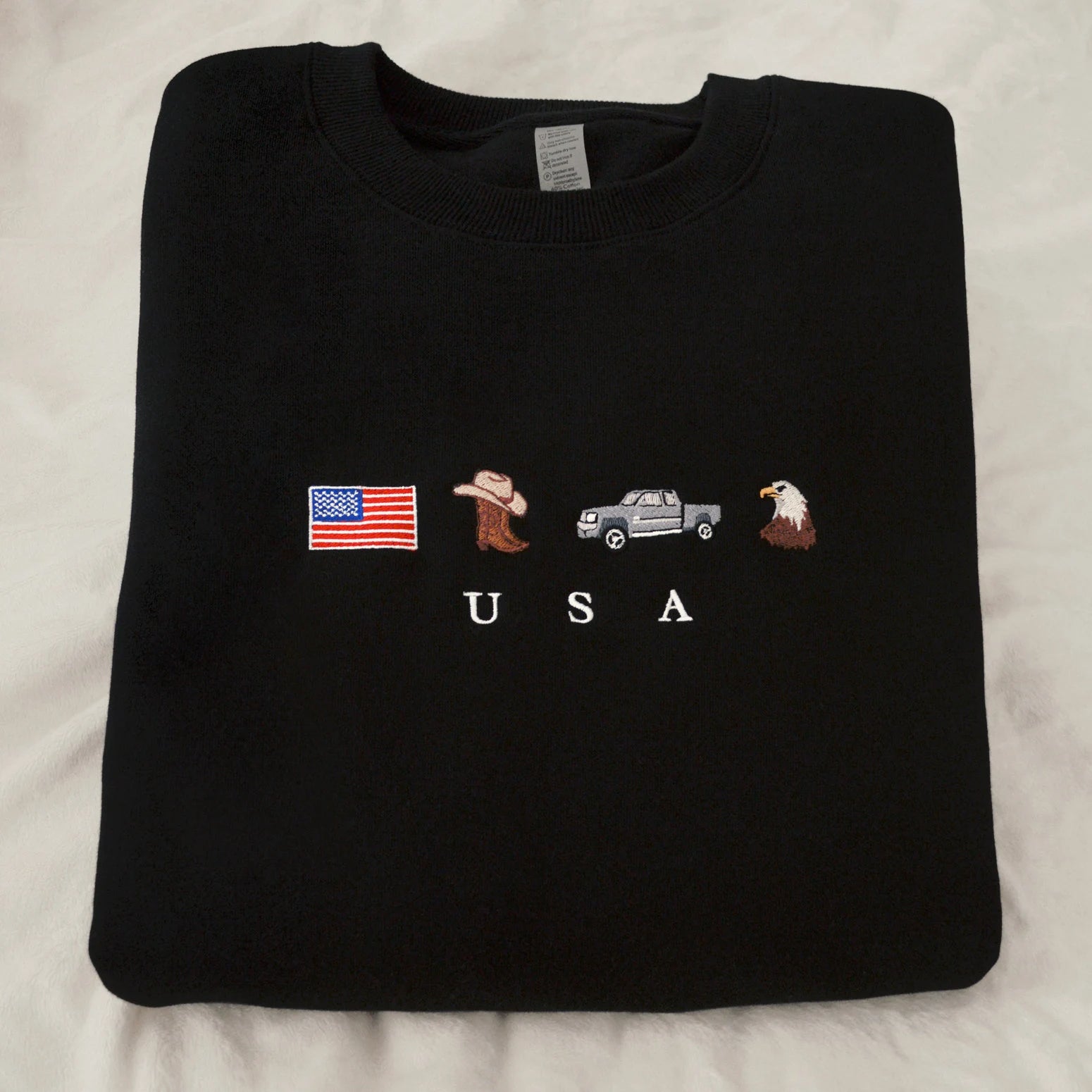 USA Embroidered Sweatshirt, United States, America, Crewneck, Flag, Cowboy Boots, Cowboy Hat, Cowgirl, Truck, Jeep, Eagle, Patriot, July 4th-ilovevango