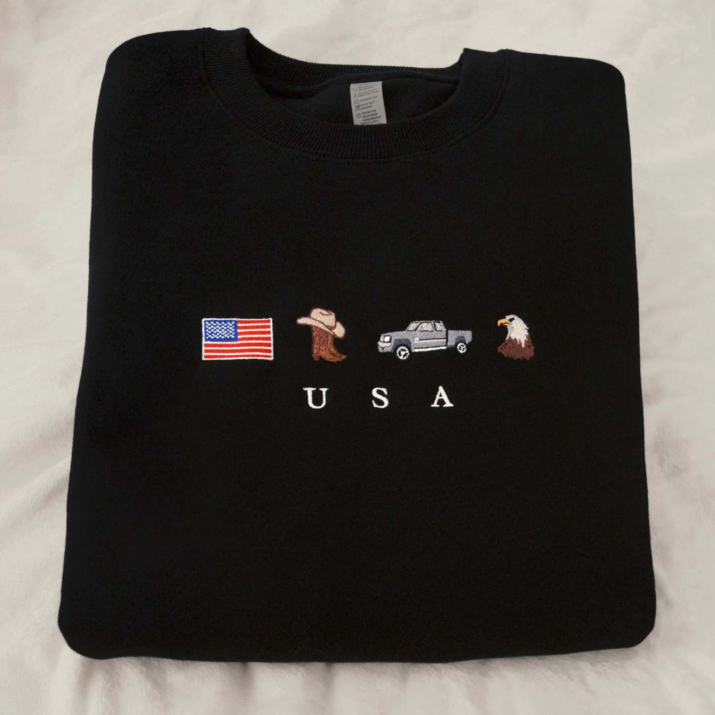 USA Embroidered Sweatshirt, United States, America, Crewneck, Flag, Cowboy Boots, Cowboy Hat, Cowgirl, Truck, Jeep, Eagle, Patriot, July 4th-ilovevango