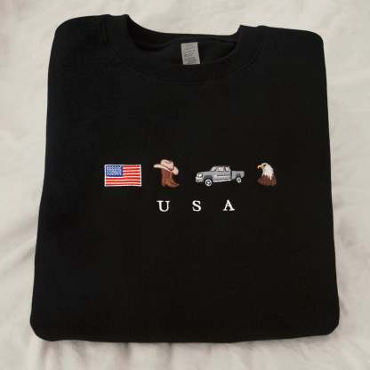 USA Embroidered Sweatshirt, United States, America, Crewneck, Flag, Cowboy Boots, Cowboy Hat, Cowgirl, Truck, Jeep, Eagle, Patriot, July 4th-ilovevango