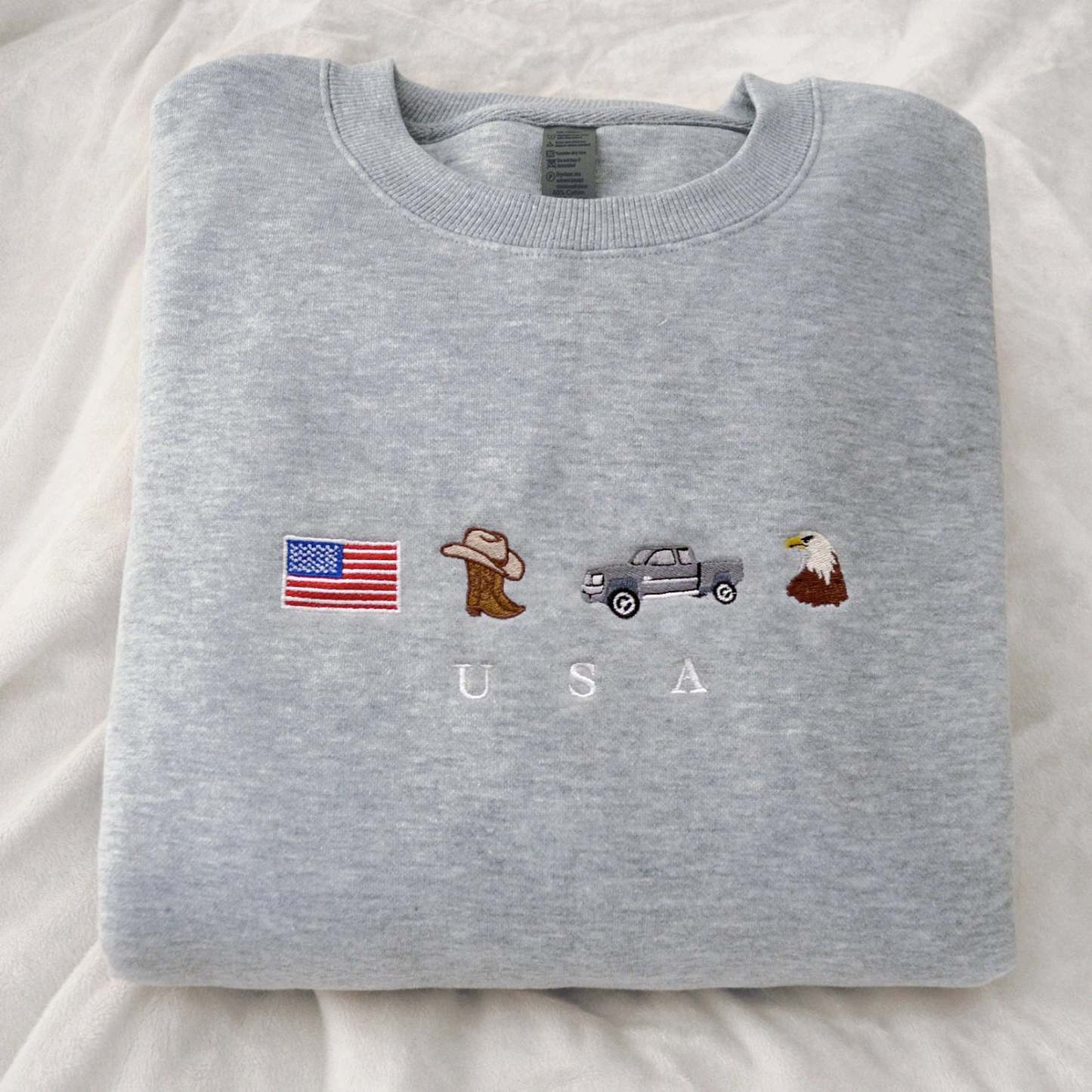 USA Embroidered Sweatshirt, United States, America, Crewneck, Flag, Cowboy Boots, Cowboy Hat, Cowgirl, Truck, Jeep, Eagle, Patriot, July 4th-ilovevango