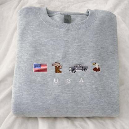 USA Embroidered Sweatshirt, United States, America, Crewneck, Flag, Cowboy Boots, Cowboy Hat, Cowgirl, Truck, Jeep, Eagle, Patriot, July 4th-ilovevango