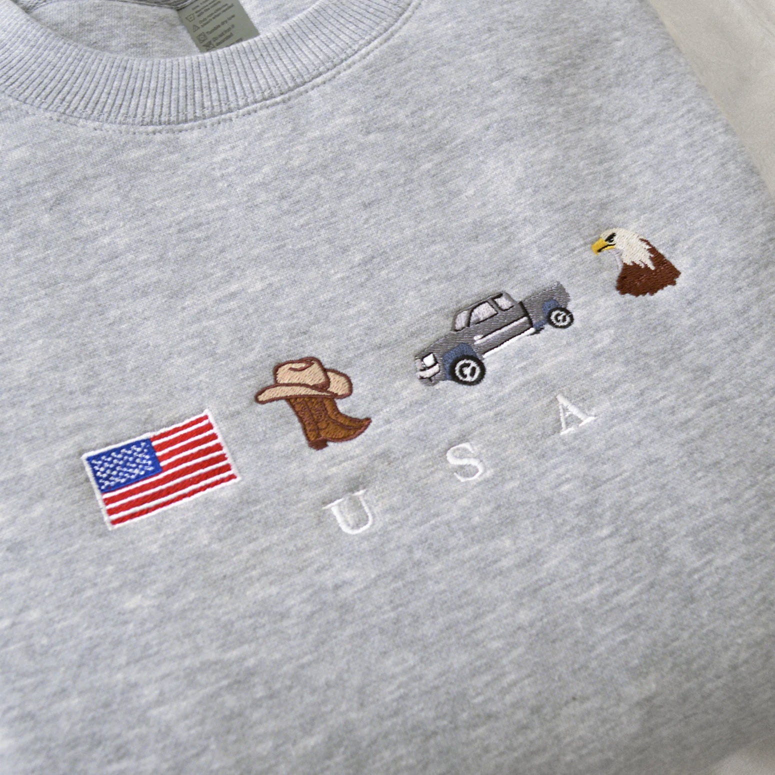 USA Embroidered Sweatshirt, United States, America, Crewneck, Flag, Cowboy Boots, Cowboy Hat, Cowgirl, Truck, Jeep, Eagle, Patriot, July 4th-ilovevango