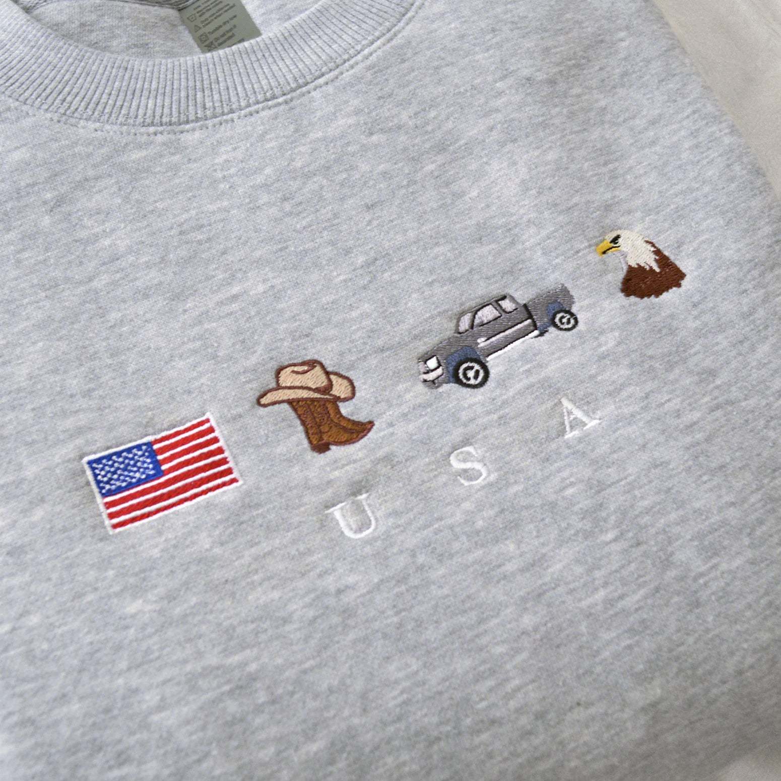 USA Embroidered Sweatshirt, United States, America, Crewneck, Flag, Cowboy Boots, Cowboy Hat, Cowgirl, Truck, Jeep, Eagle, Patriot, July 4th-ilovevango