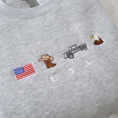 USA Embroidered Sweatshirt, United States, America, Crewneck, Flag, Cowboy Boots, Cowboy Hat, Cowgirl, Truck, Jeep, Eagle, Patriot, July 4th-ilovevango
