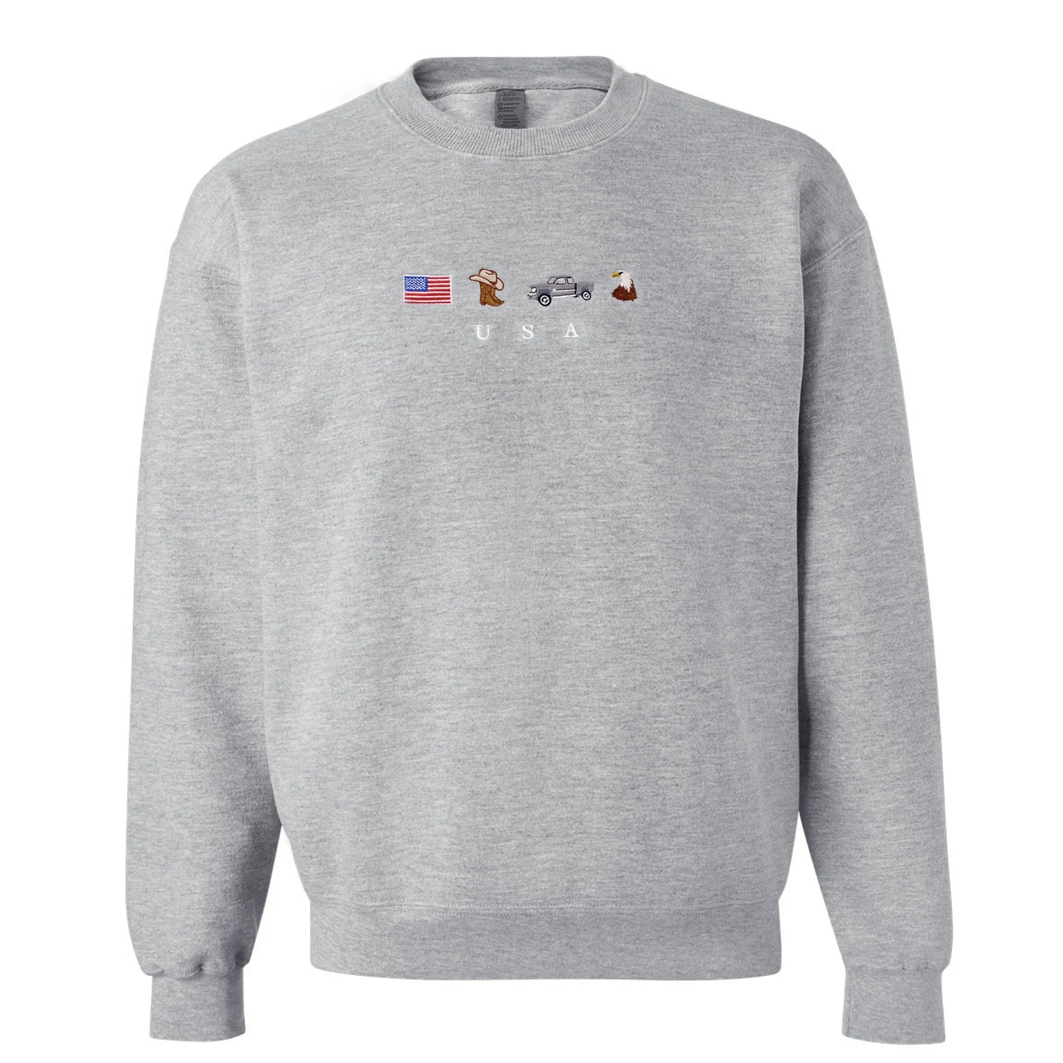USA Embroidered Sweatshirt, United States, America, Crewneck, Flag, Cowboy Boots, Cowboy Hat, Cowgirl, Truck, Jeep, Eagle, Patriot, July 4th-ilovevango