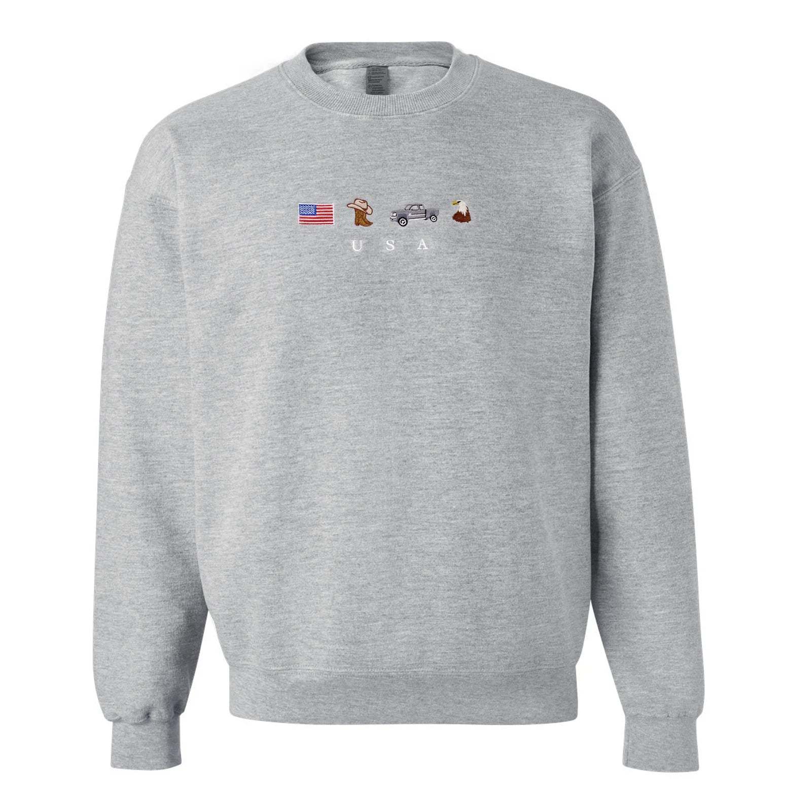 USA Embroidered Sweatshirt, United States, America, Crewneck, Flag, Cowboy Boots, Cowboy Hat, Cowgirl, Truck, Jeep, Eagle, Patriot, July 4th-ilovevango