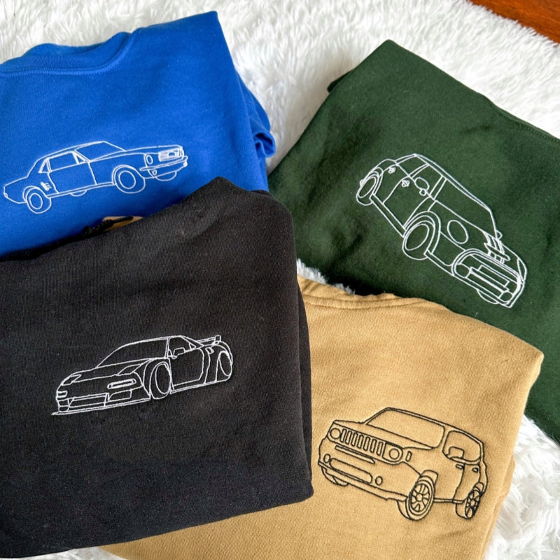 Custom Car Portrait Embroidered Hoodie, Custom Cars Portrait Matching Sweater, Cars Lover Couple Jumper, Memorial Portrait New Dad Gifts-ilovevango
