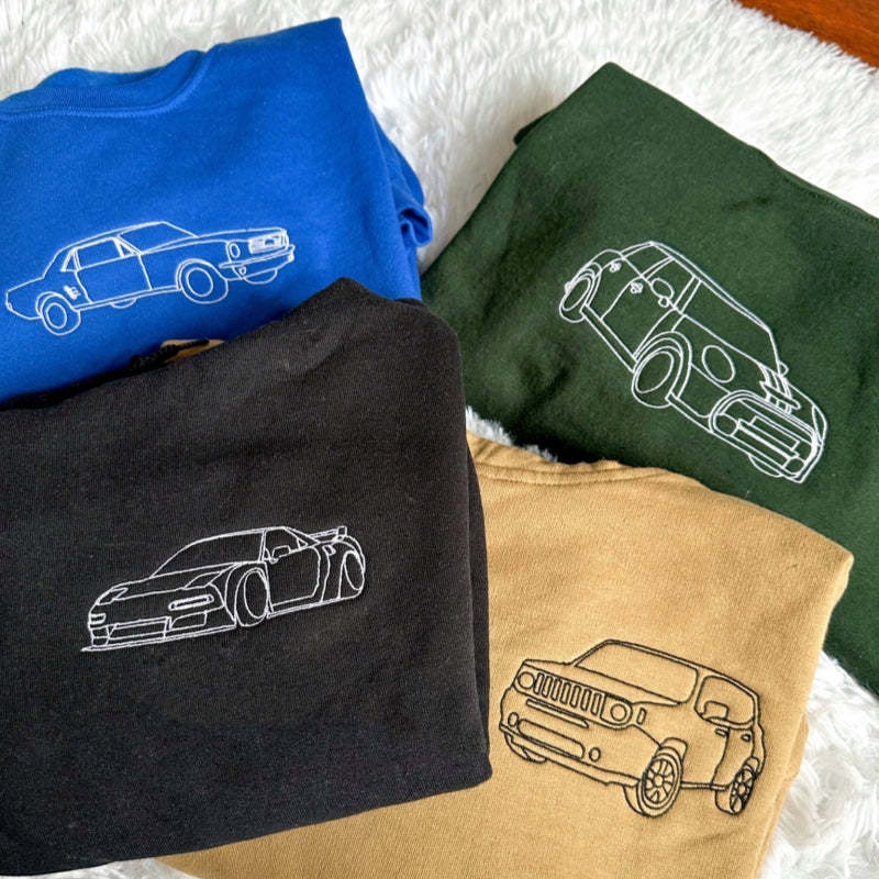 Custom Car Portrait Embroidered Hoodie, Custom Cars Portrait Matching Sweater, Cars Lover Couple Jumper, Memorial Portrait New Dad Gifts-ilovevango