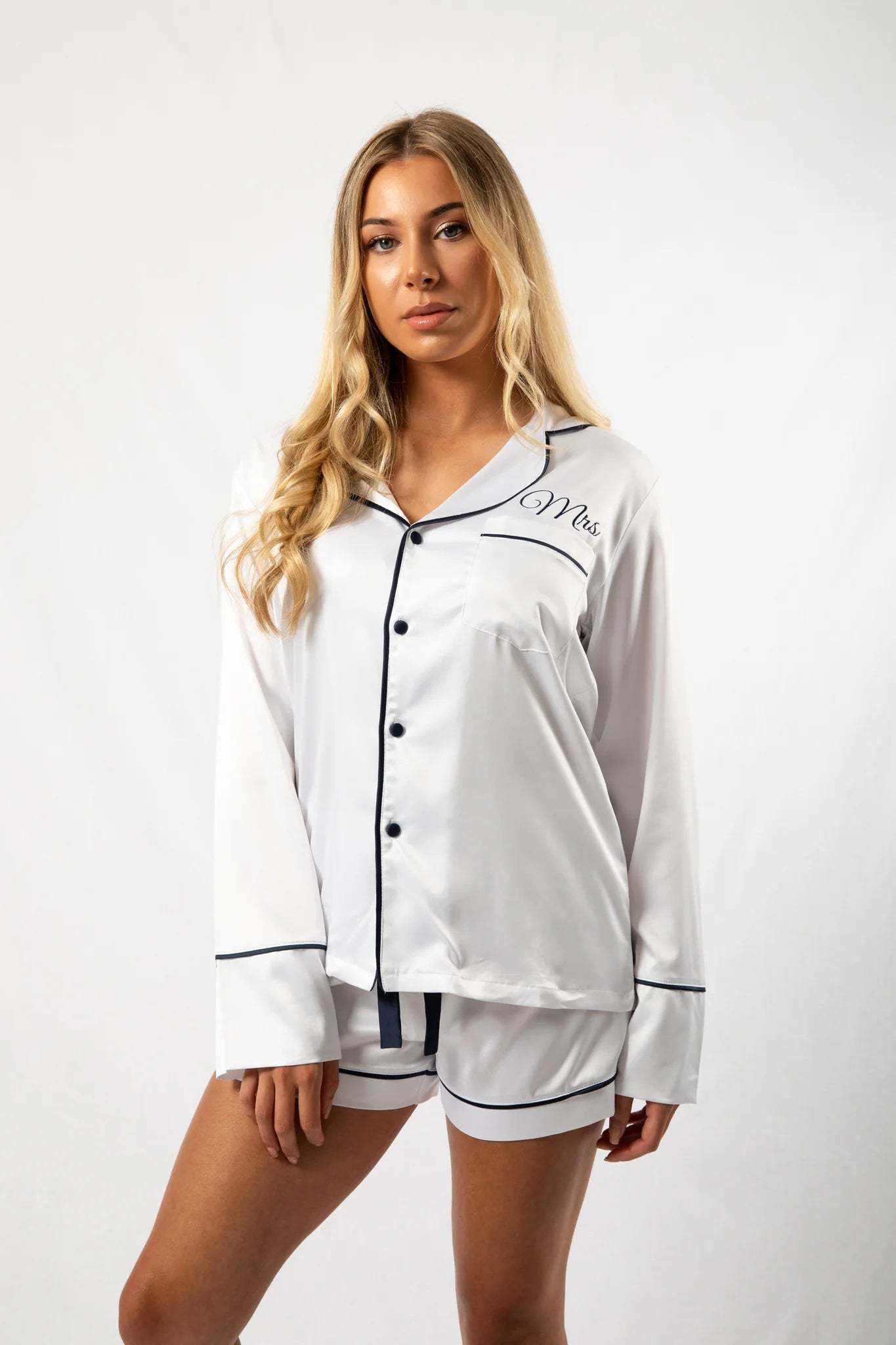 Custom Embroidered Pajamas -White/Navy Long-Sleeve with Shorts Set-ilovevango