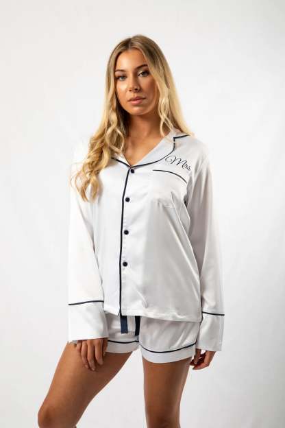 Custom Embroidered Pajamas -White/Navy Long-Sleeve with Shorts Set-ilovevango