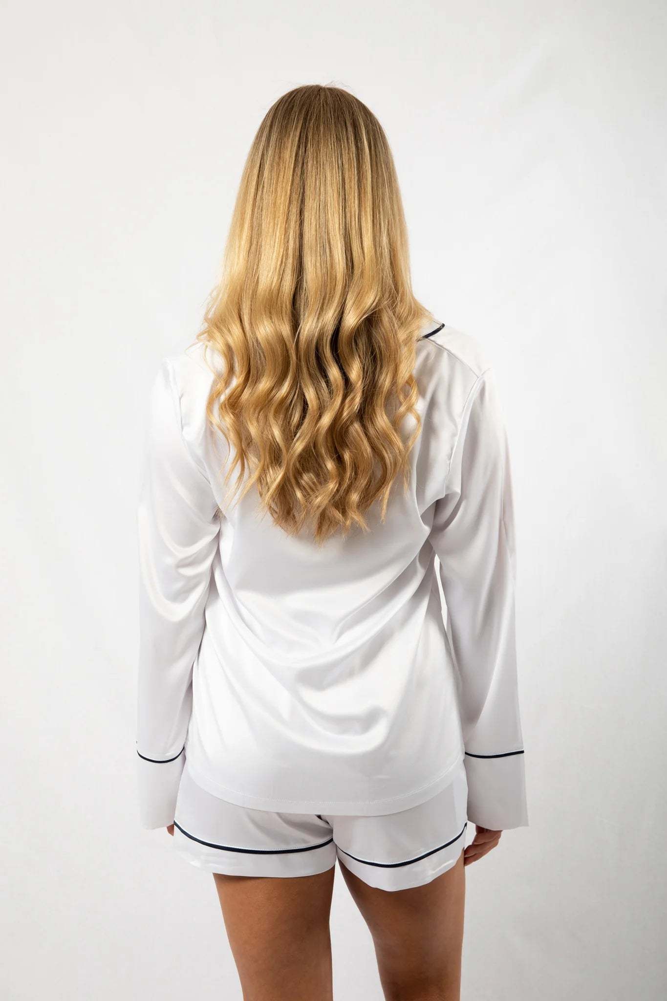Custom Embroidered Pajamas -White/Navy Long-Sleeve with Shorts Set-ilovevango
