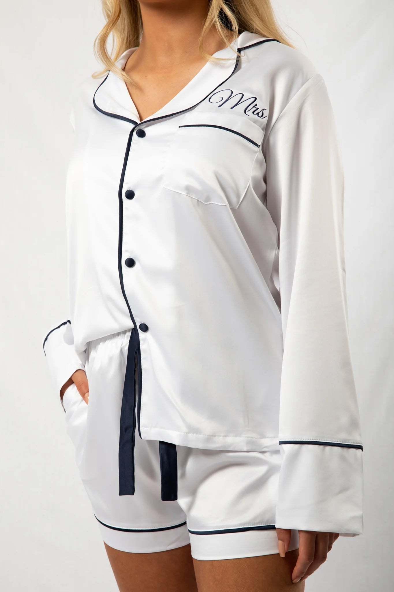 Custom Embroidered Pajamas -White/Navy Long-Sleeve with Shorts Set-ilovevango