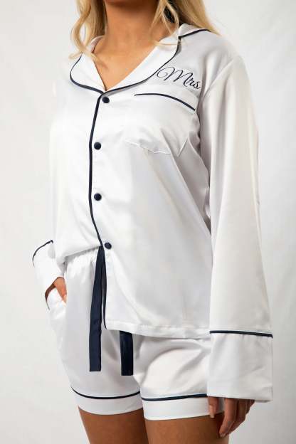 Custom Embroidered Pajamas -White/Navy Long-Sleeve with Shorts Set-ilovevango