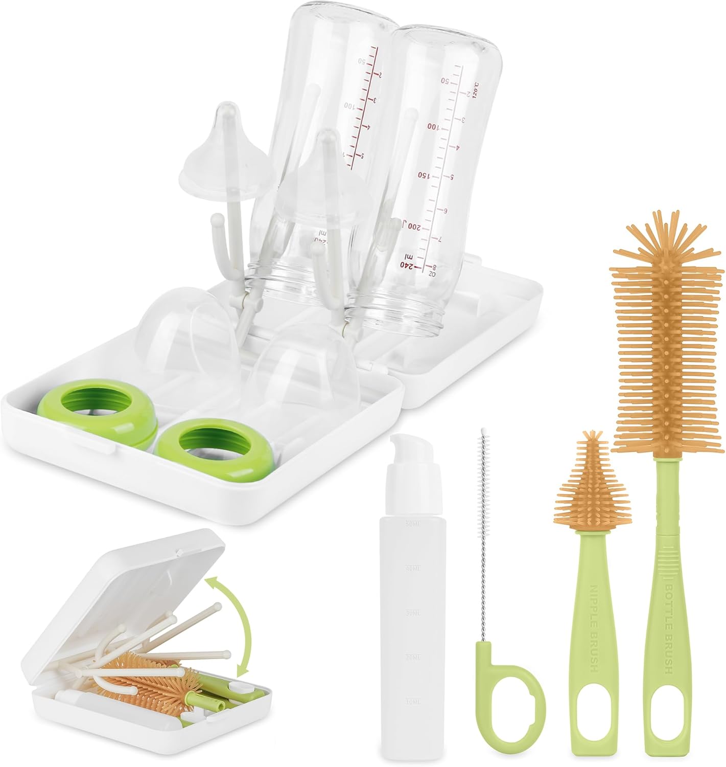 SHOPPULSE Flaschenbürste Baby Set, 6-in-1-Babyflaschen Bürste, BPA-frei, Geeignet für Baby-Nippel und -Flaschen, mit Silikon Flaschenbürste, Nippelbürsten, Strohreiniger, Babyflaschen Trockenständer, Weiß