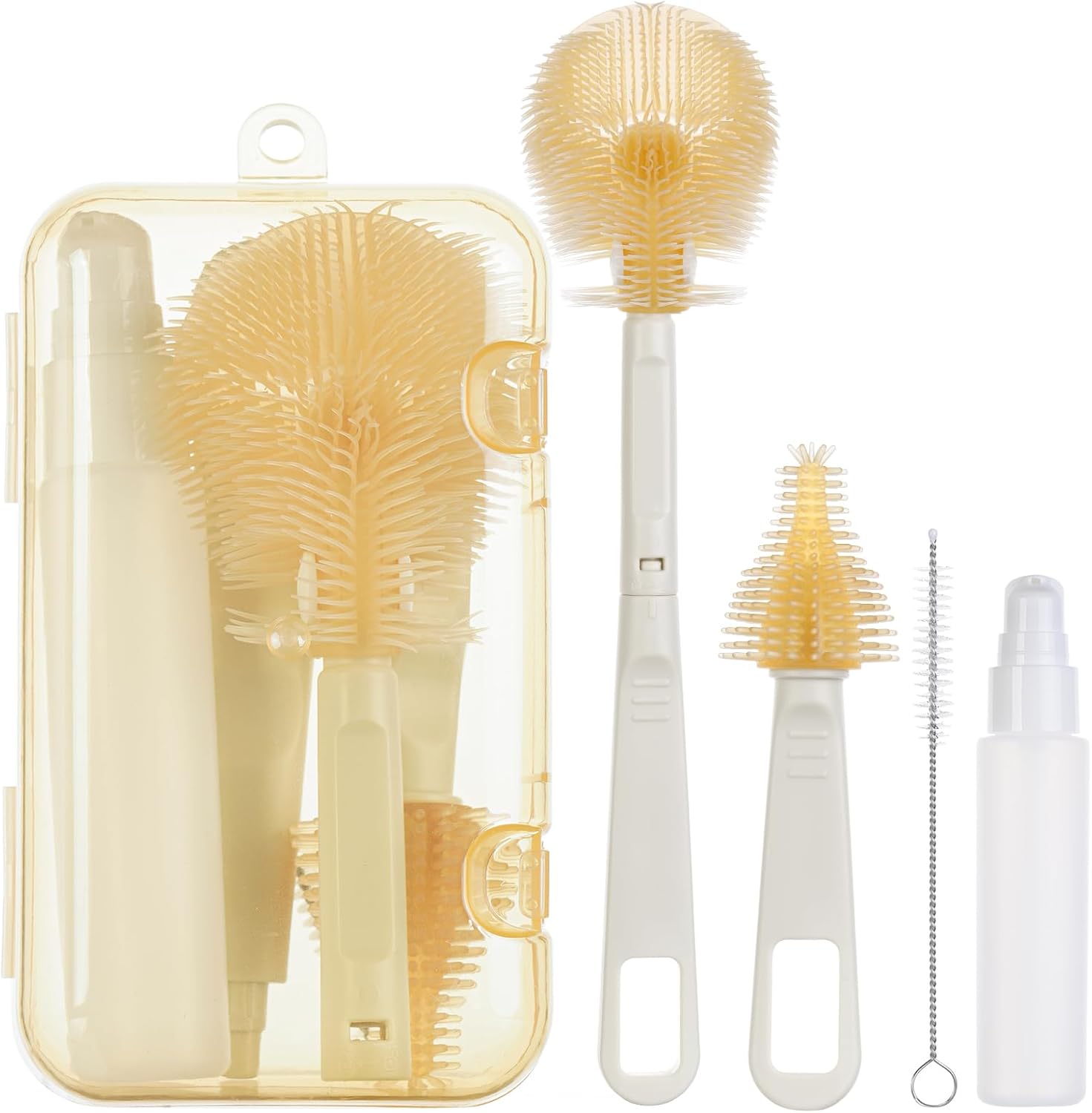 SHOPPULSE 5 in 1 Reise Baby Flaschenbürsten Set, Tragbar Babyflaschen Bürste Set mit Silikonflaschenbürste, Strohhalmbürste, Saugerbürste, Aufbewahrungsbox und Spenderflaschen, BPA-frei (Gelb)