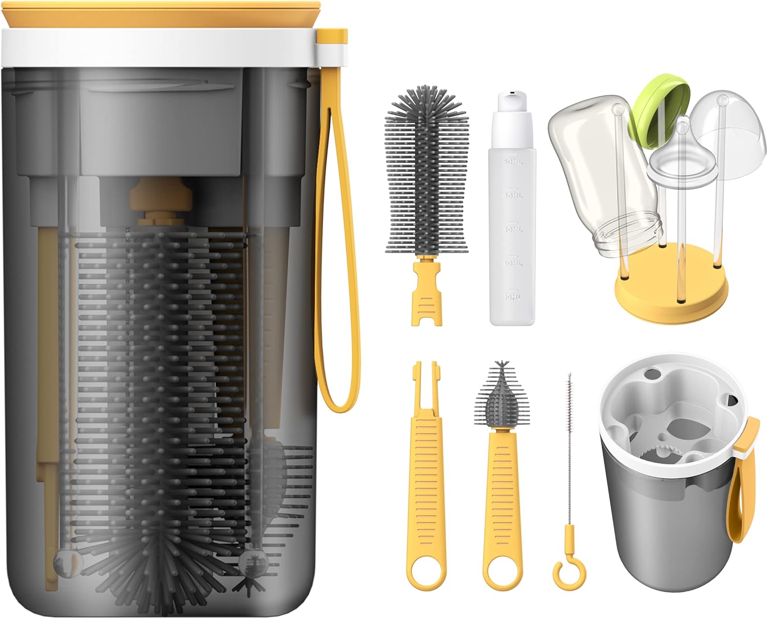 SHOPPULSE Reise Baby Flaschenbürsten Set, mit Flaschenbürste Silikon, Reinigungsbürste für den Nippel, Strohhalmbürste, Seifenspender für Flaschen und Trockenständer Babyflaschen, BPA-frei, Gelb