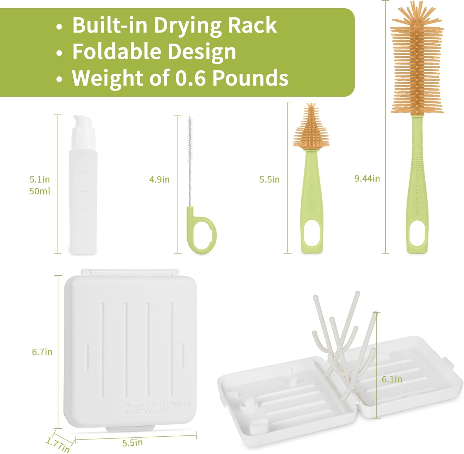 SHOPPULSE Flaschenbürste Baby Set, 6-in-1-Babyflaschen Bürste, BPA-frei, Geeignet für Baby-Nippel und -Flaschen, mit Silikon Flaschenbürste, Nippelbürsten, Strohreiniger, Babyflaschen Trockenständer, Weiß