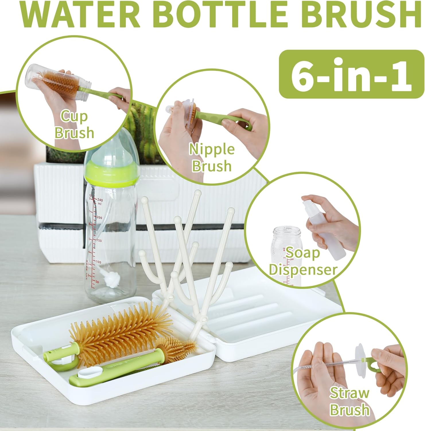 SHOPPULSE Flaschenbürste Baby Set, 6-in-1-Babyflaschen Bürste, BPA-frei, Geeignet für Baby-Nippel und -Flaschen, mit Silikon Flaschenbürste, Nippelbürsten, Strohreiniger, Babyflaschen Trockenständer, Weiß