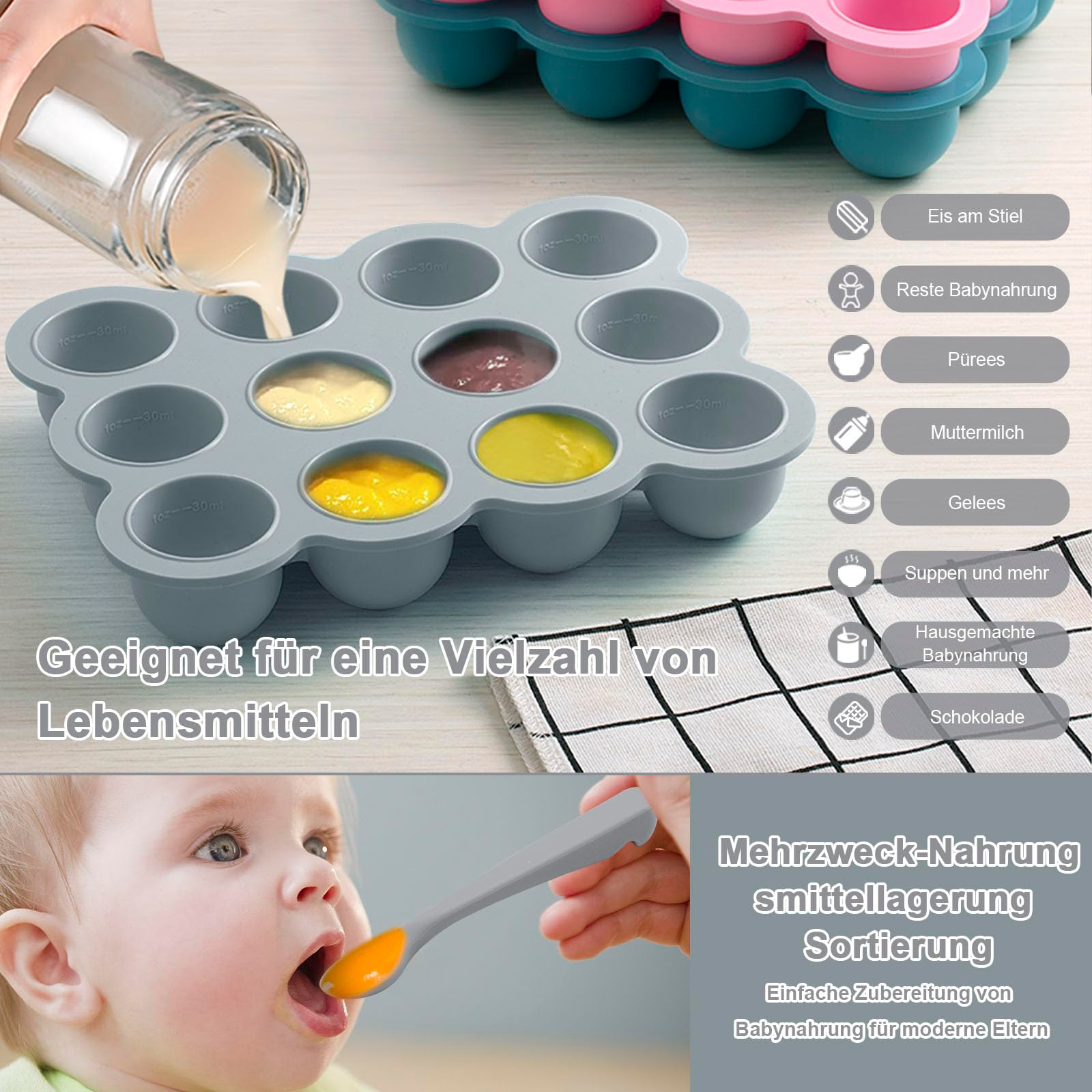 SHOPPULSE Aufbewahrung von Babynahrung aus Silikon,Babynahrung Einfrieren Behälte aus mit Silikon Deckel,BPA-frei,Perfekt für Hausgemachte Babynahrung, Gemüse, Eiswürfeln,Fruchtpüree und Muttermilch