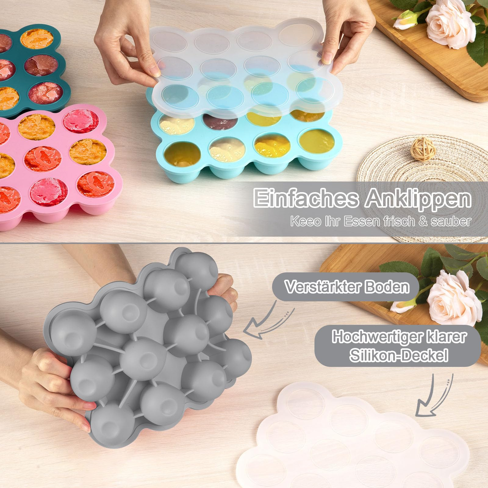 SHOPPULSE Aufbewahrung von Babynahrung aus Silikon,Babynahrung Einfrieren Behälte aus mit Silikon Deckel,BPA-frei,Perfekt für Hausgemachte Babynahrung, Gemüse, Eiswürfeln,Fruchtpüree und Muttermilch