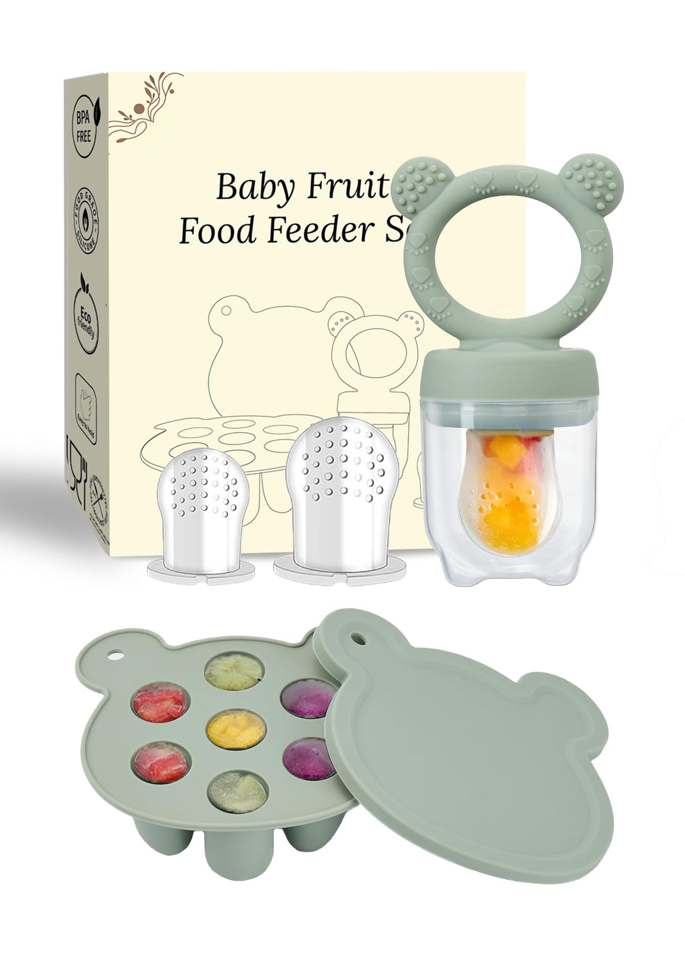 SHOPPULSE Silikon Fruchtsauger Baby: Schnuller und Muttermilch, Eis am Stiel, Gefrierschrank, Aufbewahrungsbehälter für Babynahrung, Eiswürfel für Babyzahnen und Selbstfütterung (Green)