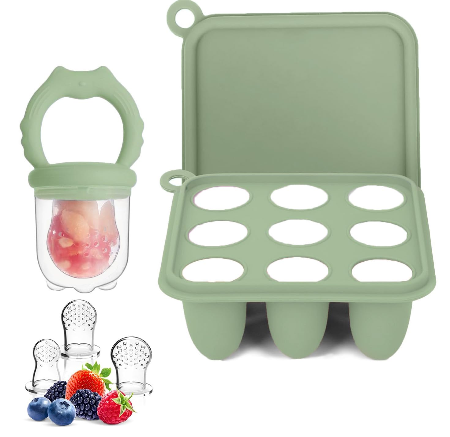 SHOPPULSE Fruchtsauger Baby | Silikon Futterspender für Babynahrung und Gefriertablett für Babynahrung, Milch-Eis am Stiel, zur Linderung des Zahnens von Babys, Schnuller zum Selbstfüttern (Cat Green)