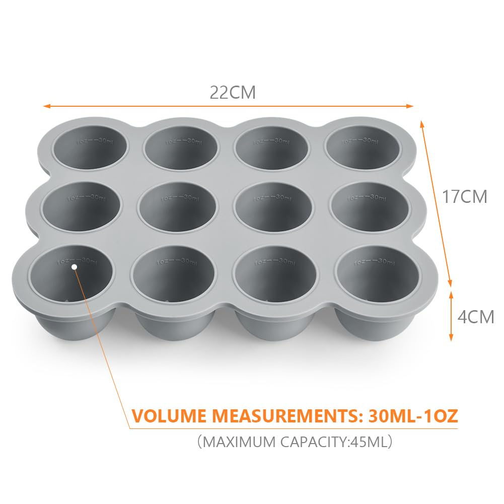 SHOPPULSE Babynahrungs-Aufbewahrungsbehälter, 12 Fächer Babynahrung Einfrieren Behälte aus mit Silikon Deckel, Perfekt für Hausgemachte Babynahrung, Gemüse, Eiswürfeln,Fruchtpüree und Muttermilch (Grau)