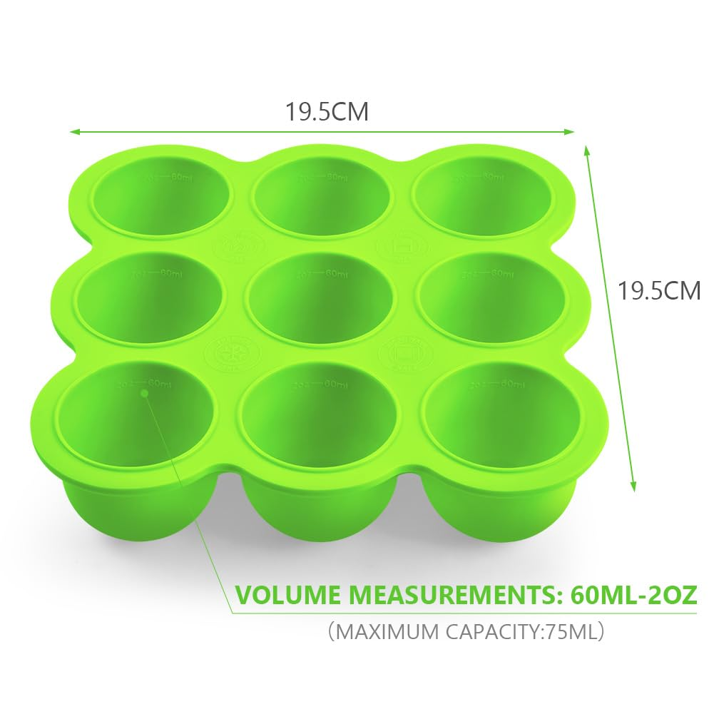 SHOPPULSE Babynahrungs-Aufbewahrungsbehälter, 9 Fächer Babynahrung Einfrieren Behälte aus mit Silikon Deckel, Perfekt für Hausgemachte Babynahrung, Gemüse, Eiswürfeln,Fruchtpüree und Muttermilch (Grün)