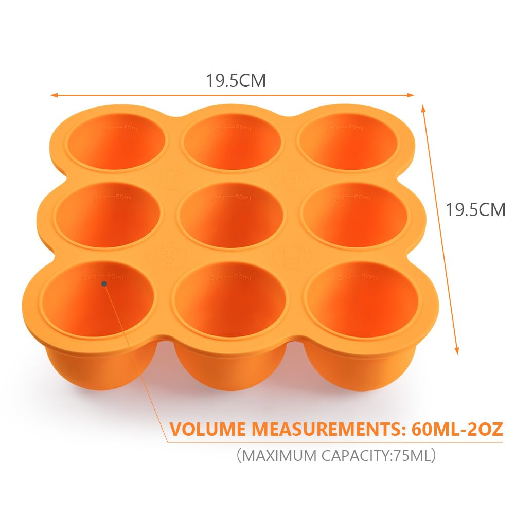 SHOPPULSE Babynahrungs-Aufbewahrungsbehälter, 9 Fächer Babynahrung Einfrieren Behälte aus mit Silikon Deckel, Perfekt für Hausgemachte Babynahrung, Gemüse, Eiswürfeln,Fruchtpüree und Muttermilch (Orange)