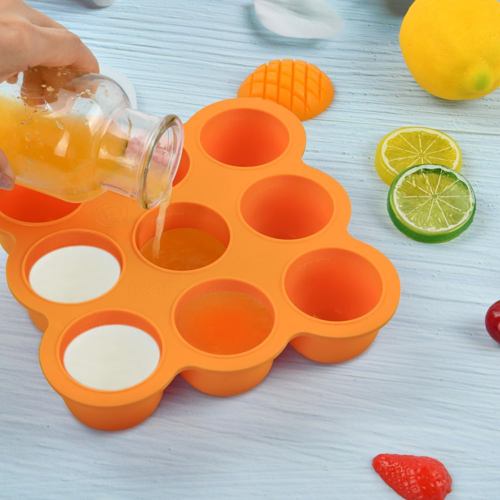 SHOPPULSE Babynahrungs-Aufbewahrungsbehälter, 9 Fächer Babynahrung Einfrieren Behälte aus mit Silikon Deckel, Perfekt für Hausgemachte Babynahrung, Gemüse, Eiswürfeln,Fruchtpüree und Muttermilch (Orange)