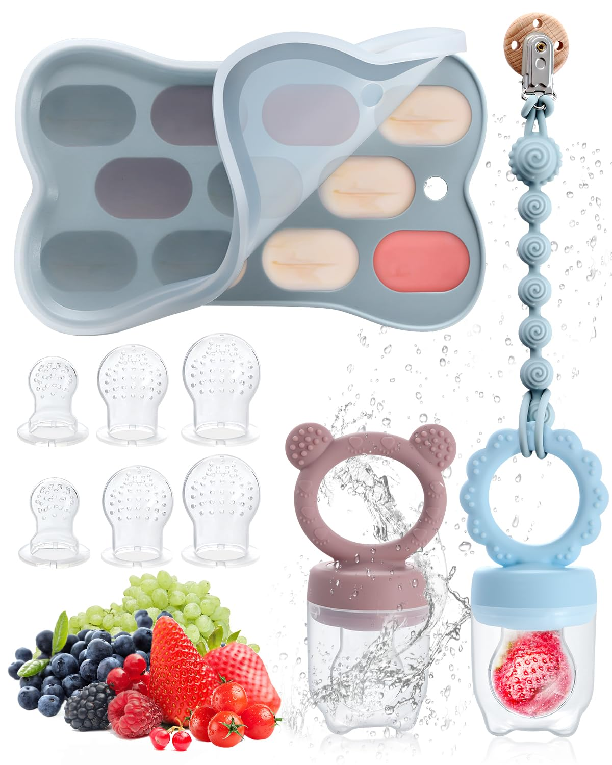 SHOPPULSE Fruchtsauger Baby ab 3 4 5 6+ Monate, 2 Stück Baby Obst Nahrung Futterautomat & MBabynahrungs-Aufbewahrungsbehälter & Schnullerkette & 6 Silikon Sauger in 3 Größen, Obst Schnuller Baby