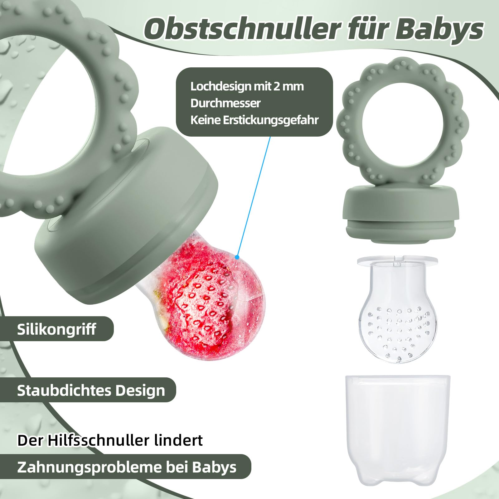 SHOPPULSE Fruchtsauger Baby ab 3 4 5 6+ Monate, 2 Stück Baby Obst Nahrung Futterautomat & MBabynahrungs-Aufbewahrungsbehälter & Schnullerkette & 6 Silikon Sauger in 3 Größen, Obst Schnuller Baby