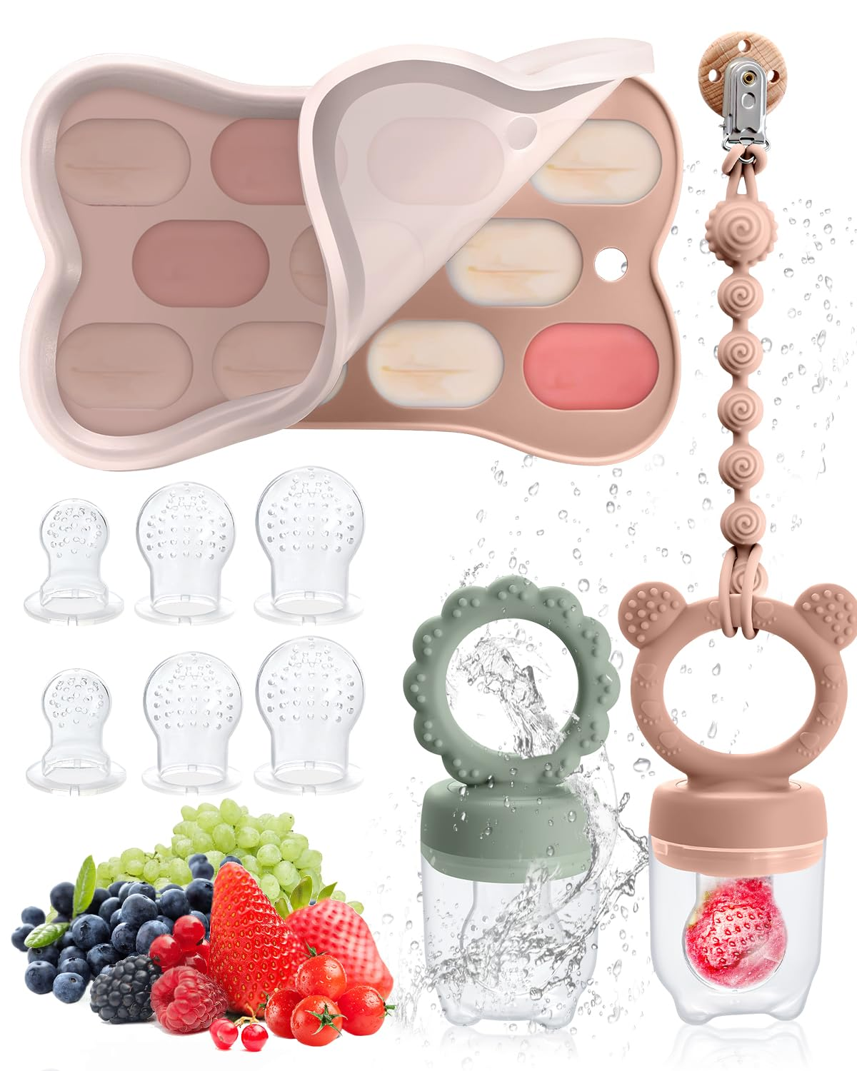 SHOPPULSE Fruchtsauger Baby ab 3 4 5 6+ Monate, 2 Stück Baby Obst Nahrung Futterautomat & MBabynahrungs-Aufbewahrungsbehälter & Schnullerkette & 6 Silikon Sauger in 3 Größen, Obst Schnuller Baby