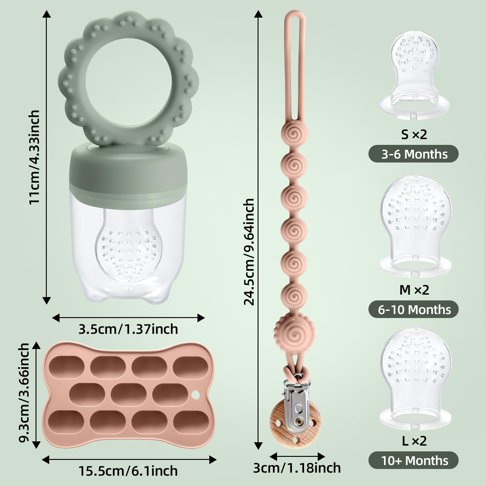 SHOPPULSE Fruchtsauger Baby ab 3 4 5 6+ Monate, 2 Stück Baby Obst Nahrung Futterautomat & MBabynahrungs-Aufbewahrungsbehälter & Schnullerkette & 6 Silikon Sauger in 3 Größen, Obst Schnuller Baby