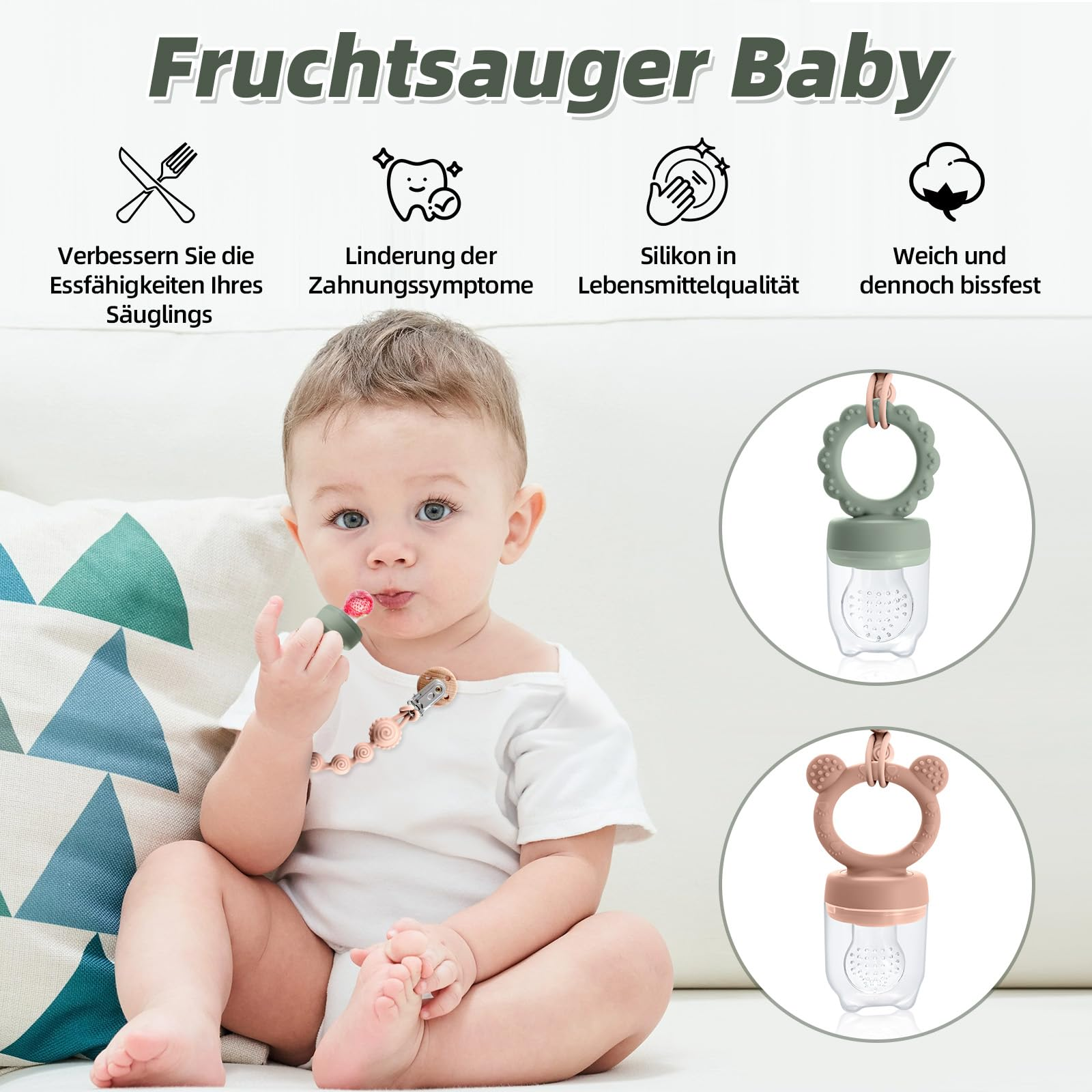 SHOPPULSE Fruchtsauger Baby ab 3 4 5 6+ Monate, 2 Stück Baby Obst Nahrung Futterautomat & MBabynahrungs-Aufbewahrungsbehälter & Schnullerkette & 6 Silikon Sauger in 3 Größen, Obst Schnuller Baby