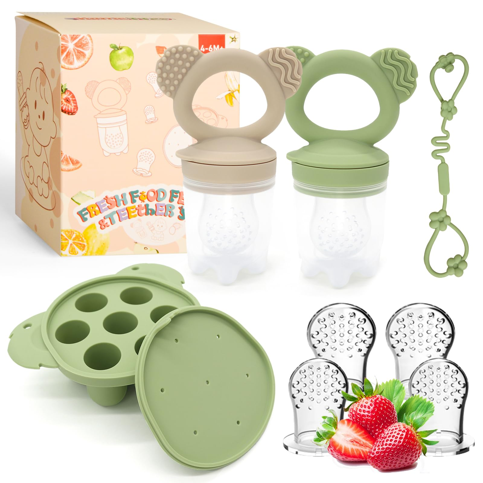 SHOPPULSE Fruchtsauger Baby, Zahnfleisch Kühlung Relie für Babys ab 6 Monate, Muttermilch-Popsicle-Formen für Gemüse, Früchte Babys Fütterung BPA frei für beruhigen Zahnen (Grün + Karamell)