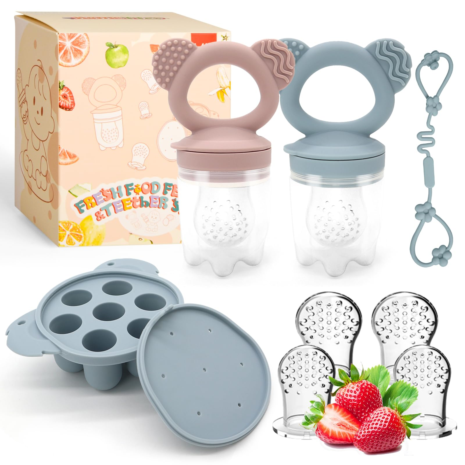 SHOPPULSE Fruchtsauger Baby, Zahnfleisch Kühlung Relie für Babys ab 6 Monate, Muttermilch-Popsicle-Formen für Gemüse, Früchte Babys Fütterung BPA frei für beruhigen Zahnen (blau + rosa)