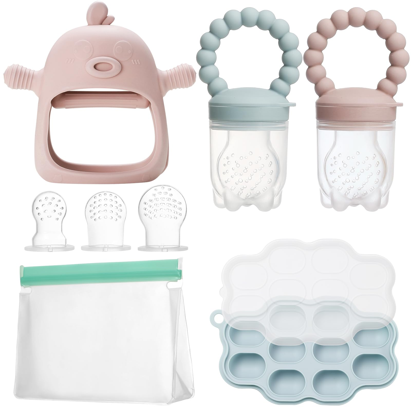 SHOPPULSE Baby Feeding Teething Breastmilk, Fruchtsauger Baby, enhalt 2 Silikon Fruchtsauger, Aufbewahrung von Babynahrung, Beißspielzeug fur Baby, 5 Silikon Sauger in 3 Größen, Fruchtsauger baby