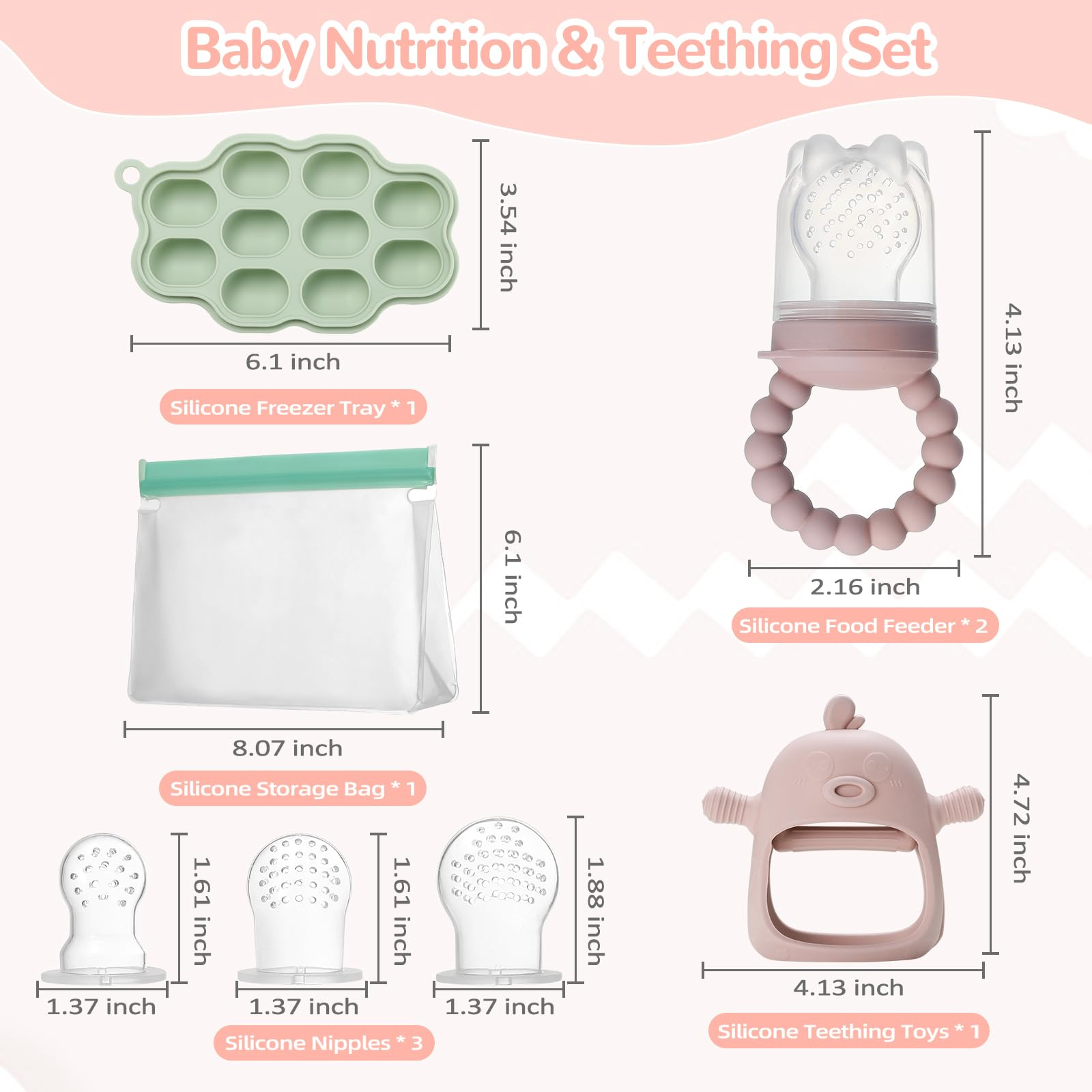 SHOPPULSE Fruchtsauger Baby, enhalt 2 Silikon Fruchtsauger, Aufbewahrung von Babynahrung, Beißspielzeug fur Baby, 5 Silikon Sauger in 3 Größen, Fruchtsauger baby ab 6 monate, BPA frei (Grün & Rosa)