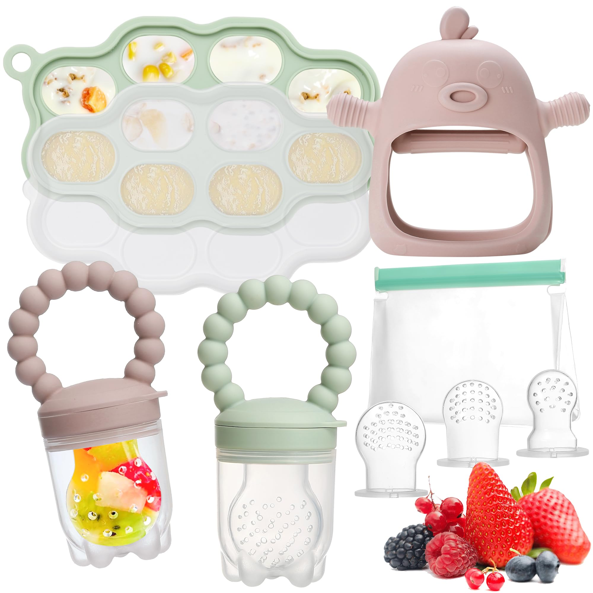 SHOPPULSE Fruchtsauger Baby, enhalt 2 Silikon Fruchtsauger, Aufbewahrung von Babynahrung, Beißspielzeug fur Baby, 5 Silikon Sauger in 3 Größen, Fruchtsauger baby ab 6 monate, BPA frei (Grün & Rosa)