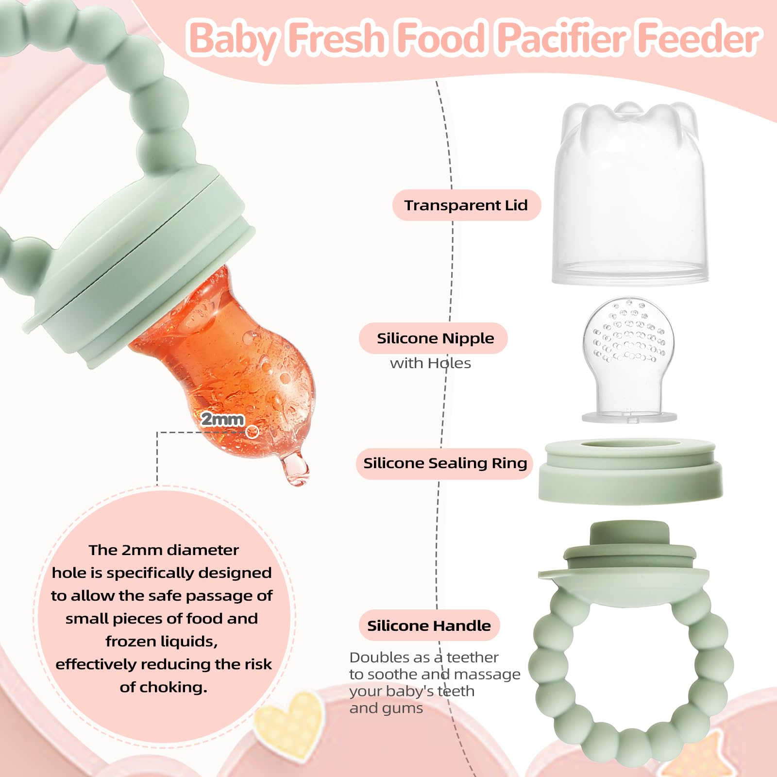 SHOPPULSE Fruchtsauger Baby, enhalt 2 Silikon Fruchtsauger, Aufbewahrung von Babynahrung, Beißspielzeug fur Baby, 5 Silikon Sauger in 3 Größen, Fruchtsauger baby ab 6 monate, BPA frei (Grün & Rosa)