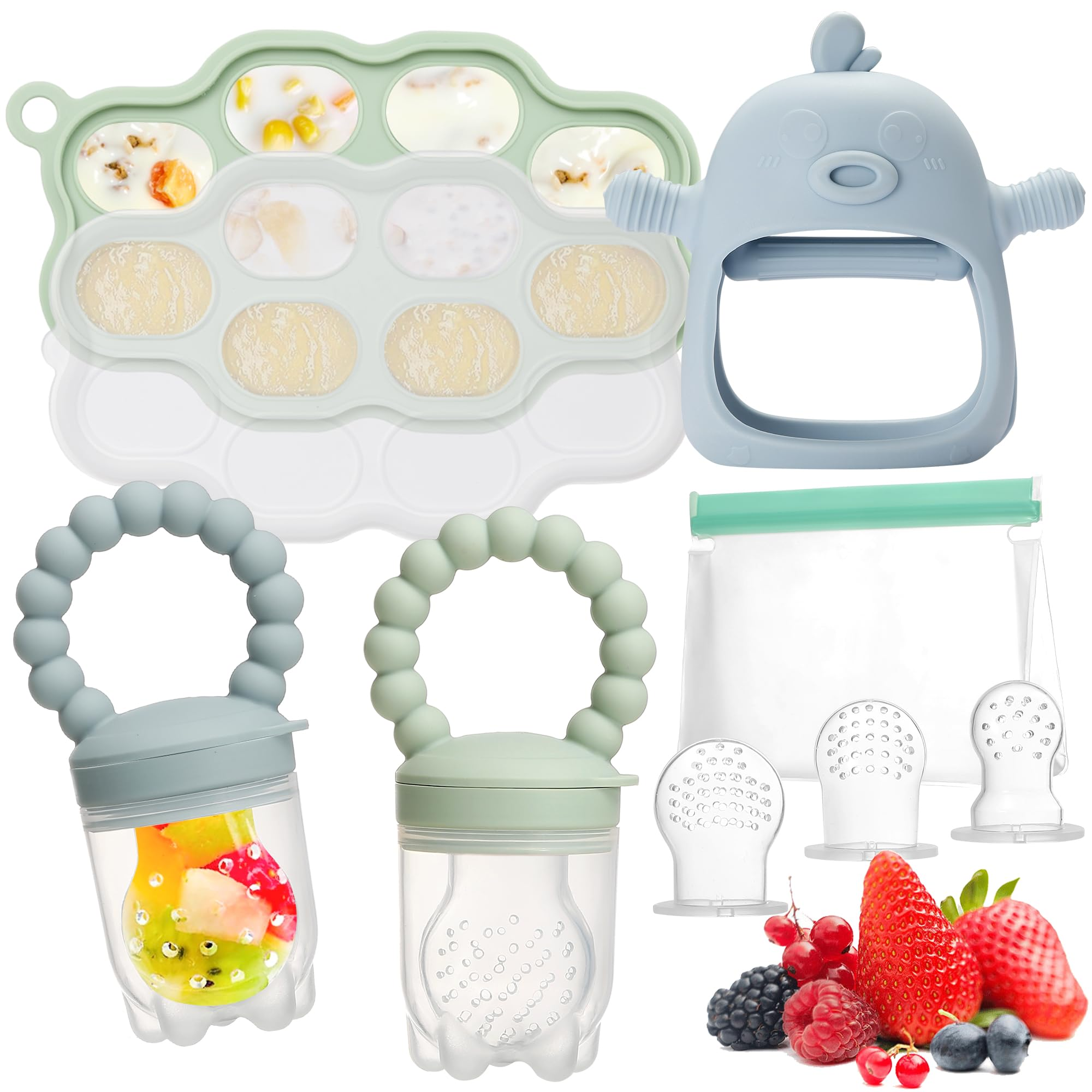 SHOPPULSE Fruchtsauger Baby, enhalt 2 Silikon Fruchtsauger, Aufbewahrung von Babynahrung, Beißspielzeug fur Baby, 5 Silikon Sauger in 3 Größen, Fruchtsauger baby ab 6 monate, BPA frei (Blau & Grün)