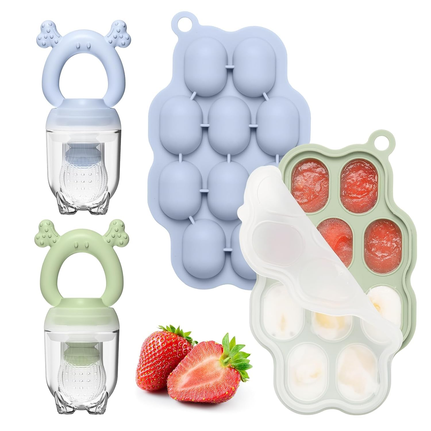 SHOPPULSE Baby Muttermilch Popsicle-Formen & Baby Fruchtspender (2er-Pack), Babynahrung Gefrierfach Tray Aufbewahrungsbehälter, Silikon Schnuller Feeder und Beißring