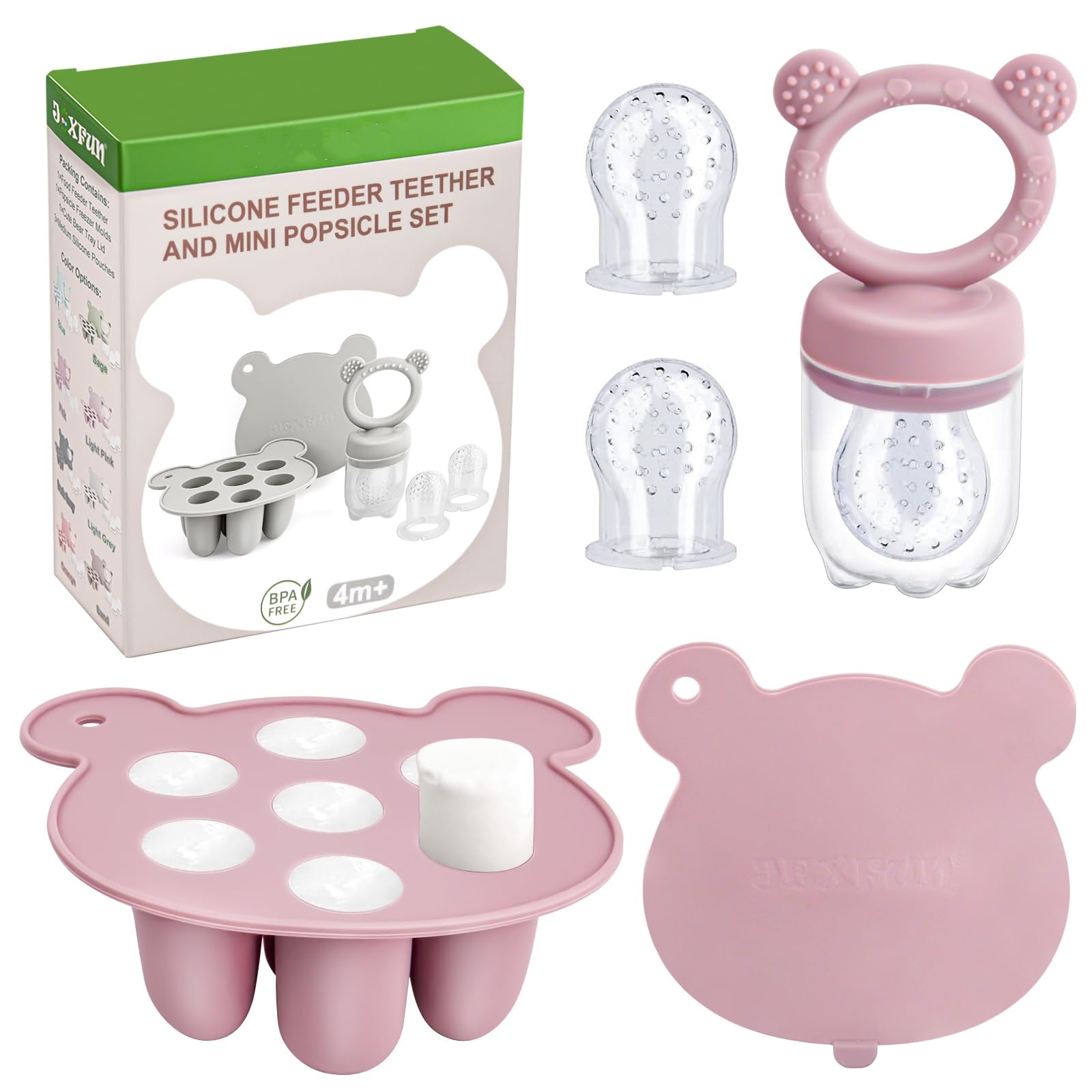 SHOPPULSE Fruchtsauger Baby ab 6 Monate, Obstschnuller für Babys mit Silikone Babynahrung Aufbewahrung Tablett, Zahnungshilfe Baby Kühlend, 3 Größen für Kleinkinder von 3 bis 24 Monaten, BPA-frei-Rosa