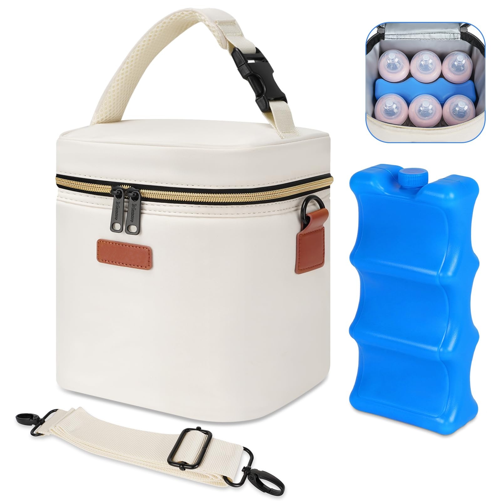 SHOPPULSE Muttermilch Kühltasche mit Eisbeutel, passend für 6 Babyflaschen bis zu 266 ml, Kühltasche Babyflaschen mit Schultergurt, Kühlbox Muttermilch für Stillende Mütter,Creme
