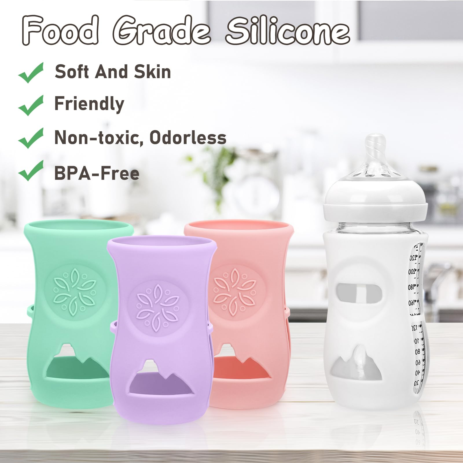 SHOPPULSE 4er-Pack Silikonhüllen für Natural-Babyflaschen aus Glas, Baby Bottle Protective Cover, bruchfester Babyflaschenhalter, kompatibel mit Philips Avent Natural-Babyflaschen aus Glas 240ml, BPA-frei