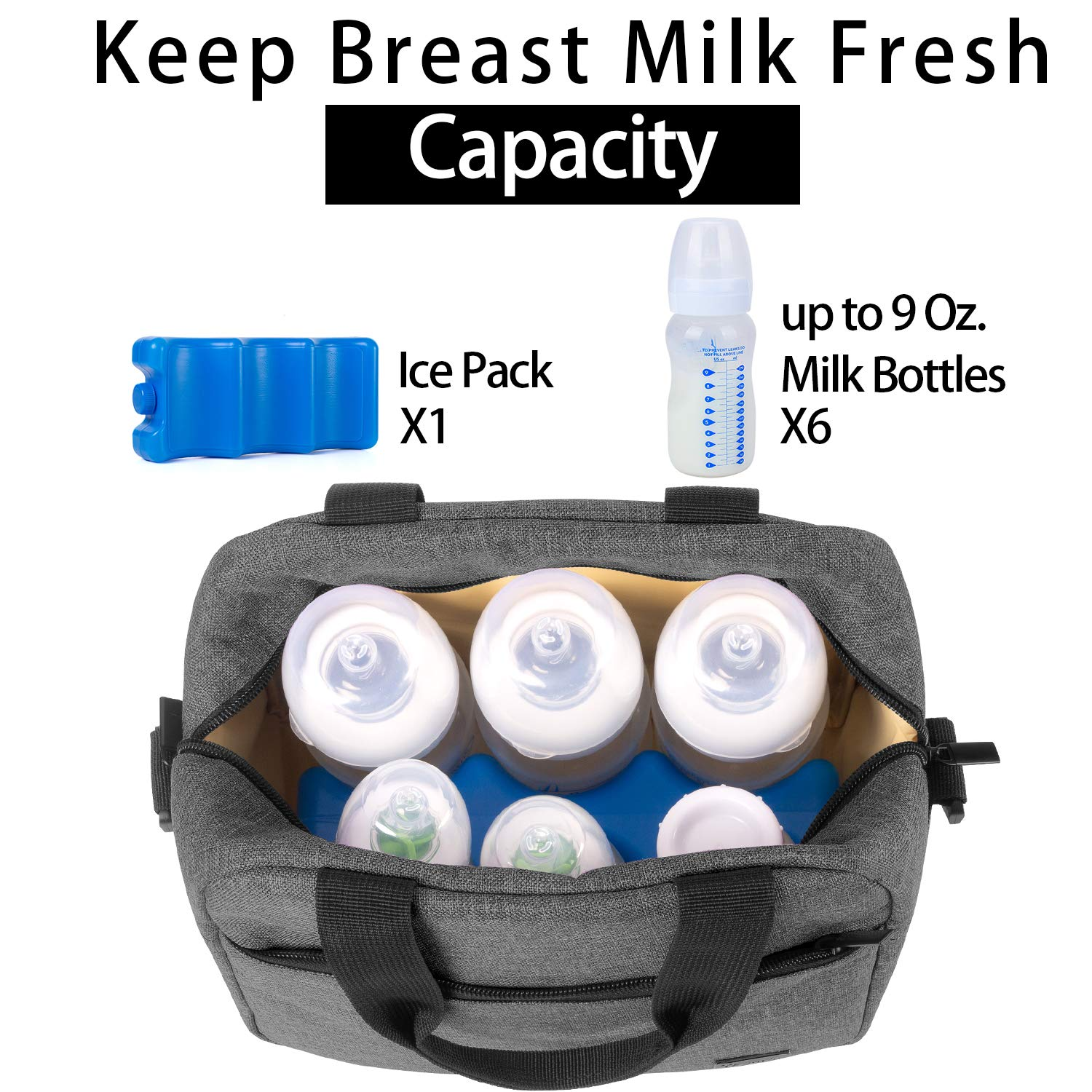 SHOPPULSE Kühltasche für 6 Milchflasche (bis zu 270 ml), Isolierte Flaschenhalter mit Kühlelement für Babyflaschen, Muttermilch Kühlbox für Unterwegs, Transport, Arbeit, Reise, Grau