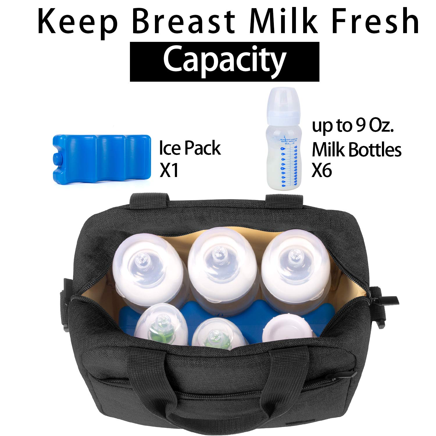 SHOPPULSE Kühltasche für 6 Milchflasche (bis zu 270 ml), Isolierte Flaschenhalter mit Kühlelement für Babyflaschen, Muttermilch Kühlbox für Unterwegs, Transport, Arbeit, Reise, Schwarz